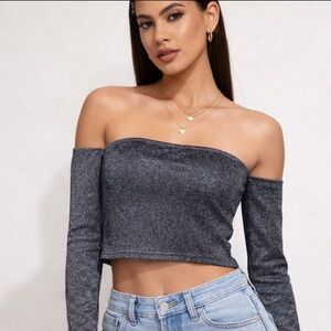 Forever 21 Y2K Shimmer Silver Off Shoulder Crop Top Party Sz Large